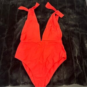 Red deep V one piece swimsuit